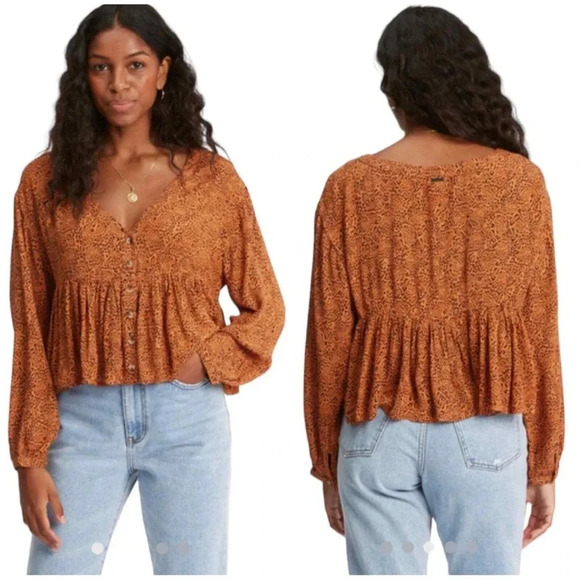 Billabong Easy Street Long Sleeve Blouse Button Front Leopard Print Size Medium - Picture 3 of 10